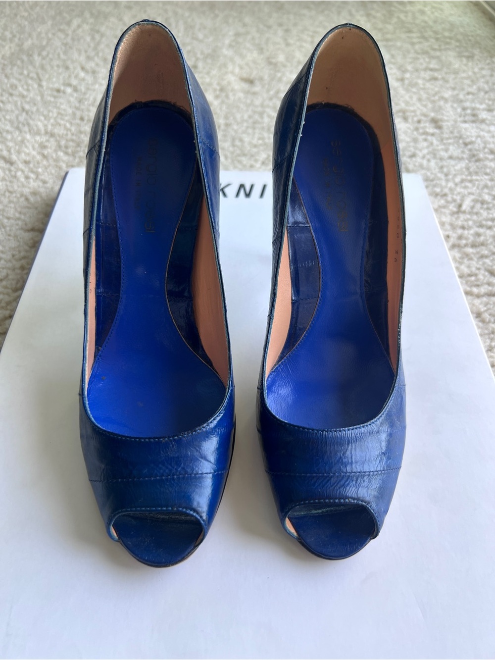 Sergio Rossi Royal Blue Peep-Toe Leather Pumps